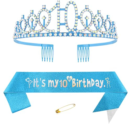 10. Geburtstags Krone und Schärpe für Mädchen Kristall Queen Tiara Princess Crown Blau 10th Birthday Schärpe 10th Geburtstagskrone Geburtstagsschärpe Girls Geburtstag Dekoration Geburtstagsgeschenk