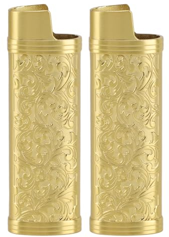 Feuerzeughülle Im Vintage-Botanic-Design aus Zinklegierung für BIC-Feuerzeug J6 in Voller Größe, Einfach zu Bedienen, Sicherer Schutz, Perfekte Geschenkidee (Gold)
