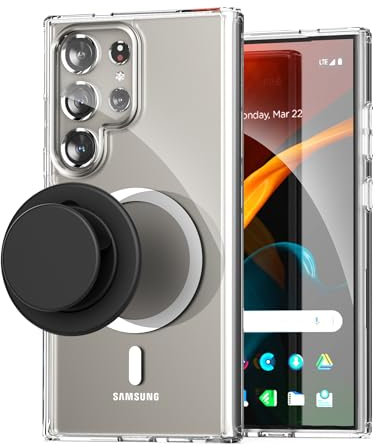 Encased 2-in-1 MAG Case with Finger Grip for Samsung Galaxy S24 Ultra (2024) Compatible with MagSafe Charging, Magnetic Cover with Phone Holder/Pop Socket [Crystal Clear - Anti-Yellowing]