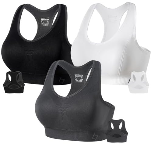 FITTIN Racerback Sports Bras for Women Pack of 3- Padded Seamless Medium Support Workout Gym Activewear Bra, Black/White/Grey L