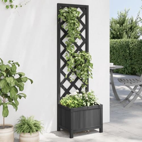 Homgoday Jardinera con celosía negra de madera maciza de abeto, jardinera con rejilla para jardín, jardinera de exterior, jardinera balcón