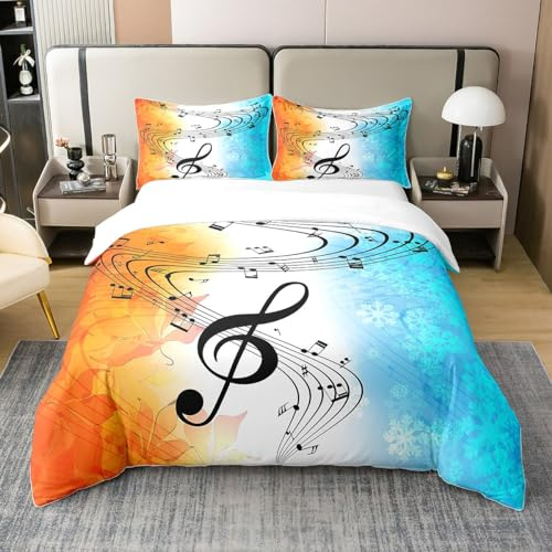 Loussiesd Musikalische Note Bettwäsche Set 200x200cm 100% Baumwolle Musik-Themen-Betten-Set Kinder Jungen Mädchen Teenager Ahornblatt Herbst Bettbezug Atmungsaktive Schneeflocke Winterzimmerdekor