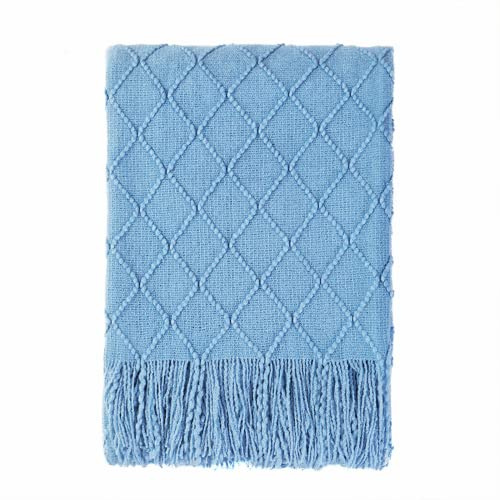 BOURINA Knitted Textured Throw Soft Sofa Blanket Blue 127x228cm | Soft textured solid knit fabric, decorative home throw, multi-use for sofa couch bed, lightweight warm, neutral home decor
