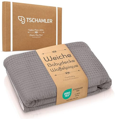 TSCHAMLER® Babydecke 80x100 cm – luftig & weich aus Musselin und Waffelpique, Oeko-TEX® geprüft, leichte Musselindecke liebevoll verpackt als Geschenk, Baby Decke für Neugeborene – Grau