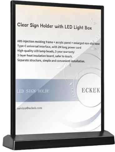 ECKEK Support de panneau LED transparent avec boîte à lumière LED, présentoir de menu de table avec lumières colorées, tableau de menu LED A4 (version lumière blanche en forme de T avec cadre noir)