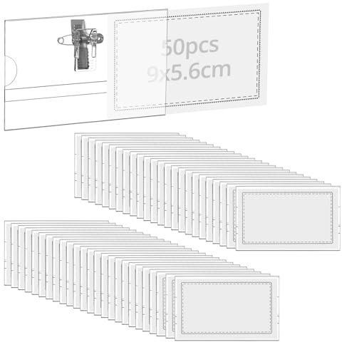 QWORK® 50 Pezzi porta badge orizzontale in plastica trasparenti, con spilla e clip, per lavoro, conferenza, esposizione - 90 mm x 56 mm