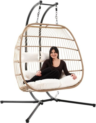 di volio Hängesessel mit Gestell RONA, Hängestuhl für 2 Personen, Hängeschaukel für Indoor & Outdoor, bis 200 kg belastbar, inkl. Kissen, Haus & Garten (Beige)