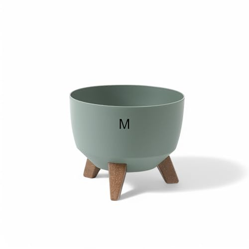 MELTOM Blumentopf mit Füßen Ø 29 cm Grün Übertopf mit Drainageboden | Kunststoff matt, Füße in Holzoptik, Höhe 23 cm, Standfläche Ø 16 cm, fester Zwischenboden, Gummistopfen zum Ablassen
