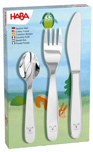 HABA Besteck Wald - Kinderbesteck aus Edelstahl mit Bär-Motiv – Set aus Gabel, Messer und Löffel – spülmaschinengeeignet – Ab 12 Monaten –2012819003