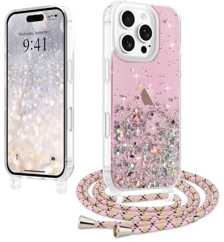LCHULLE for iPhone 16 Pro Max Case,Adjustable Crossbody Lanyard Phone Case with Strap,Women Girls Cute Clear Necklace Bling Glitter Sequin Cover for iPhone 16 Pro Max 6.9,Pink