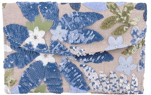 Starnearby Pochette de Soirée à Paillettes et Broderie Florale, Sac en Paille Chic, Sac à Main de Fête, Pochette pour Femme (Bleu)