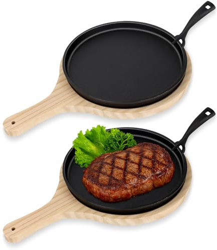 OJMHD 2 Set Cast Iron Skillets, 24 cm Cast Iron Sizzling Plates Serving Pan | Include Wooden Tray & Anti Scald Handle, Round Griddle Fajita Steak Pan for Home Barbecue Kitchen Party Camping Restaurant