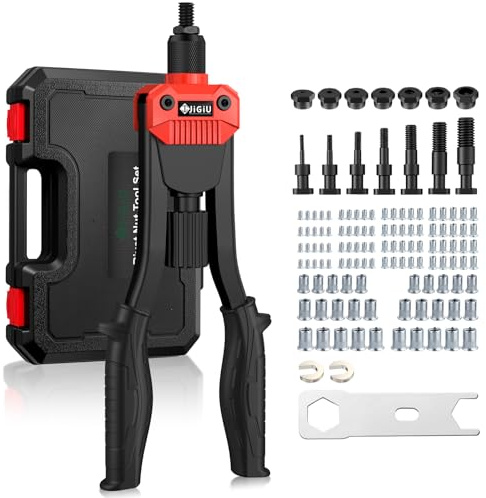 JiGiU Pistolet à Écrous à Riveter 33 cm avec 110 Écrous à Riveter | Outil de Rivetage Complet M3-M12, 7 Mandrins Interchangeables, Poignée Confortable, pour Bricolage, Automobile, Mécanique