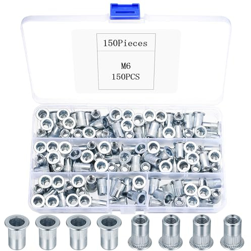 150 Pezzi Rivetti Filettati, M6 Inserti Filettati Dado, Dadi Rivettati, Kit di Dadi Rivetti Ciechi a Testa Piatta in Zinco Bianco, Manicotti Filettato per Legno Tubi di Piastre Metalliche Lamiere
