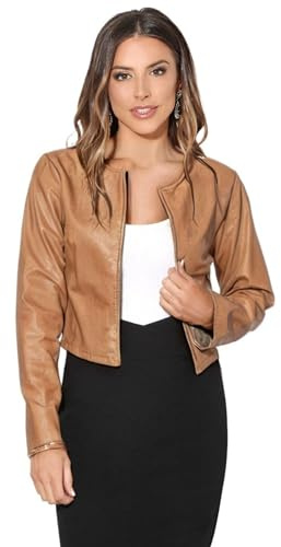 KRISP Womens PU Leather Long Sleeve Cropped Blazer Jacket (Tan, XL), 4432-TAN-XL