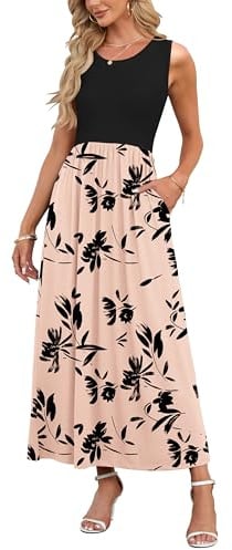 AUSELILY Damen Sommer Maxikleid Braun Schwarz Blumen M