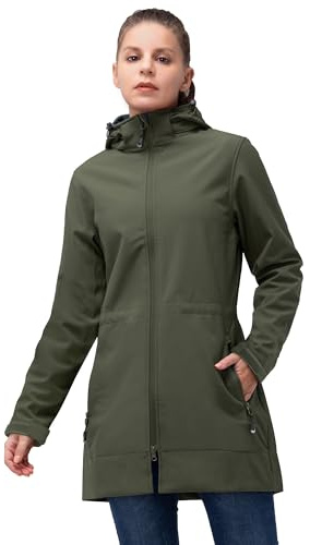 33,000ft Softshelljacke Damen Lange Übergangsjacke Wasserdicht Winddicht Softshellmantel Windbreaker Atmungsaktiv Wanderjacke Outdoor Mantel mit Abnehmbarer Kapuze, Khaki Grün M