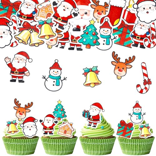 Gleevio 70 Stück Esspapier Weihnachten Tortendeko,Essbare Weihnachtsdeko Kuchen,Merry Christmas Cupcake Topper Weihnachten Muffin Deko Essbar,Weihnachtsmann Kuchendeko Schneemann Weihnachtsgeschenke