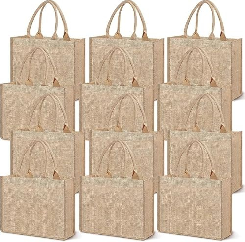 Xaztr 12 Pack Burlap Tote Bag, Reusable Jute Bags with Handles, Large Shopping Canvas Burlap Gift Bags Bulk Kitchen Reusable Grocery for Women Wedding DIY Art Crafts