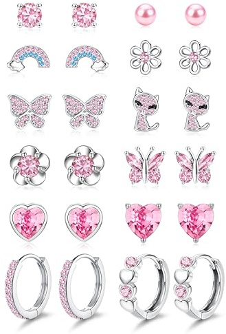 ORAZIO 12 Paar Ohrringe Mädchen Hypoallergene Medizinische Ohrstecker Creolen Für Mädchen Rosa Herz Blume Schmetterling Chirurgenstahl Ohrringe Kinder Set