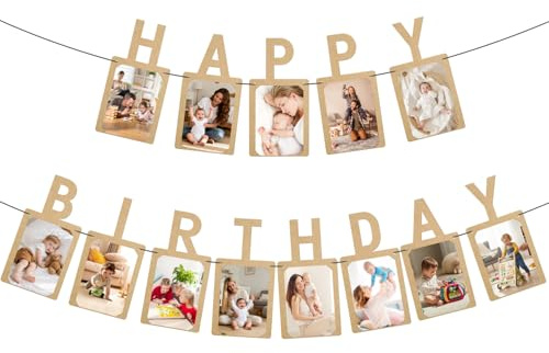 Geburtstagsfoto-Banner, Kraft Happy Birthday Foto-Rahmen Girlande, Party-Dekoration für Kinder und Erwachsene (Natur-Kraft)