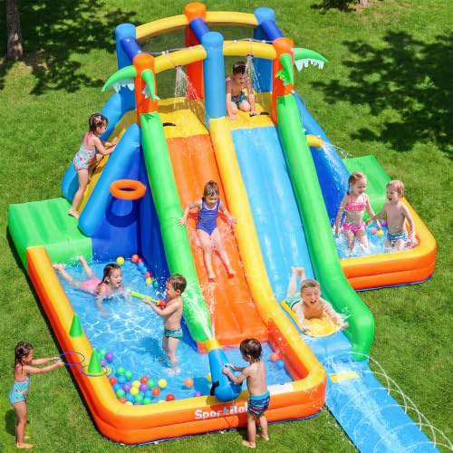 SportBob Hüpfburg Kinder mit Wasserrutsche und Gebläse, Hüpfburg mit Verlängerter Spritzender Wasserrutsche, Wasserpark Kinder mit 2 Wasserbecken und Wasserkanone für Indoor, Outdoor