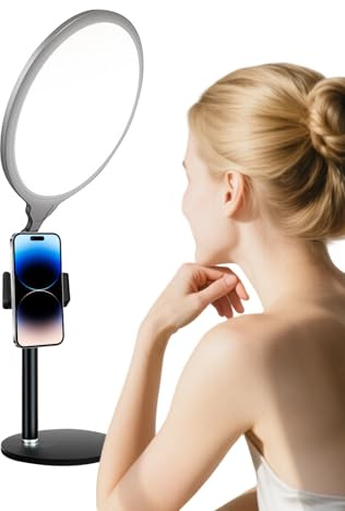 Desk Ring Light – LED Selfie Lights with Mobile Phone Holder, Full-Screen Dimmable Ring Light Stand | for Meeting, Live Streaming, Video Conference, Podcast, Vlog, Makeup | Home, Office, Travel