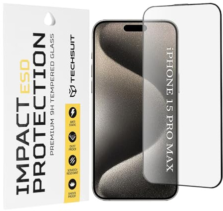 Techsuit Displayschutzfolie für iPhone 15 Pro Max Gehärtetes Glas mit Antistatisch, Staubabweisend, Vollständige Abdeckung, Stoßschutz, Oleophobe Beschichtung, Anti Fingerabdruck, Blasenfrei, ESD
