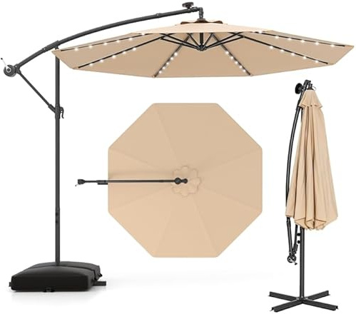 COSTWAY Parasol Déporté 3,5x3,5M, Parasol de Jardin Extérieur 40 LED Solaire avec 2 Sacs de Sable, Protection UV, Socle en Croix, Inclinable, Manivelle, pour Balcon, Jardin, Terrasse, Plage (Beige)