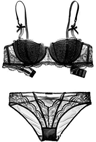 Bluewhalebaby Women's Underwire Push up Demi Balconette Bra and Knickers Set Lace Lingerie Sets Black 36D