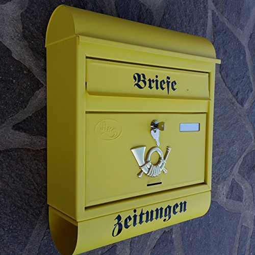 Großer Briefkasten/Postkasten XXL Gelb Matt mit Zeitungsrolle Runddach