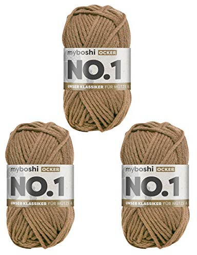 myboshi No.1-Wolle zum Häkeln und Stricken, Schnellstrickgarn, langlebige Mützenwolle, Mulesing-frei, 50g, Ll 55m Braun (Ocker) 3 Knäuel