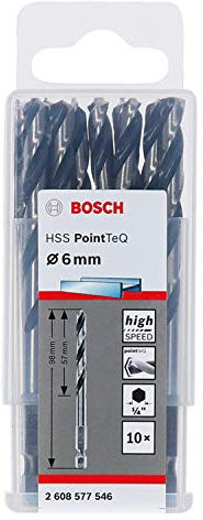 Bosch Professional 10pc PointTeQ Hex Drill Bit (for Metal, Ø: 6.0 mm, Total Length: 98 mm, ¼’’ Hex Shank, Accessory for Impact Drivers and Drill Drivers)