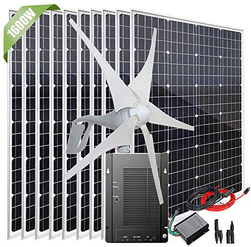 Système solaire hors réseau d'énergie éolienne 1600W pour la maison, kit de chargeur de batterie 24V:générateur éolien 400W / panneaux solaires 10pcs 120W /contrôleur de charge MPPT/câble