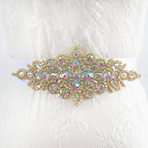 ShinyBeauty Strassgürtel Mehrfarbiger Goldschärpengürtel Taillengürtel Frauen Perlenschärpen Brautkleid Gürtel Brautaccessoires Kristallklarer Strassbesatz Strassgürtel Irisierendes Gold RA004
