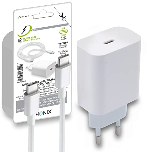 Caricatore USB C per Samsung Huawei Xiaomi e Smartphone Android 20W con Cavo Type C PHONIX Italia - Alimentatore Caricabatterie Ricarica Rapida e Cavo Tipo C 1m (Bianco)