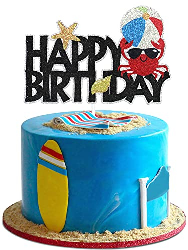 Crab Happy Birthday Cake Topper - Summer Beach Pool Party Glitter Crab Beach Balls Cake Supplies - Baby Shower Kids Birthday Party Decoration