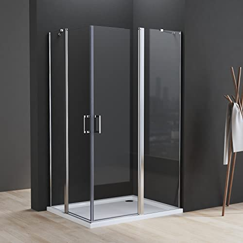 Duschkabine 120x90cm Eckeinstieg Doppel Schwingtür Pendeltür mit Festem Segment 6mm NANO ESG Sicherheitsglas Duschabtrennung Duschwand mit Stabilisator Höhe 185cm