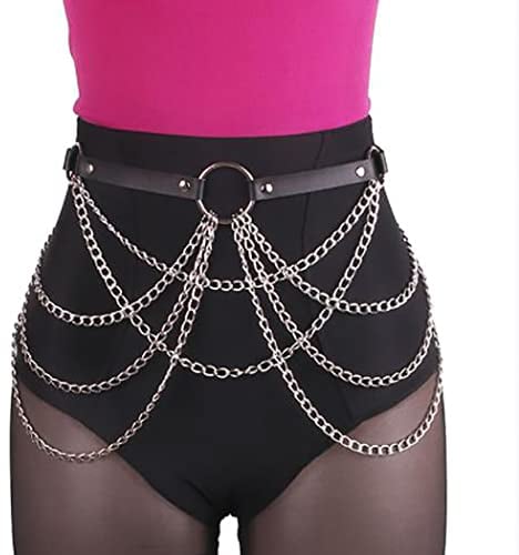 Zookey Punk Leather Waist Chain Belt Black Gothic Waist Belt Layered Metal Link Body Chain Belt Rave Body Jewellery for Pants Dress Carnival Party Costume