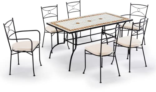 Gruppo Maruccia - Gartentisch und Stühle mit Mosaik aus Keramik - 1 rechteckiger Tisch - 2 Sessel und 4 Stühle mit Kissen