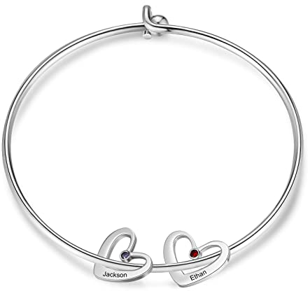 Presentimental Personalisierte Damen Armbänder mit 2-6 Namen Herz Anhänger Paar Armband Verstellbare Simulierter 12 Geburtsstein Namen Armbänder für Mutter/Tochter/Freundin（Silber#2）