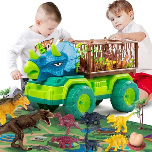 TEMI Giocattoli per Camion di Dinosauri per Bambini dai 3 ai 5 Anni, Trasportatore Triceratopo con 8 Figure di Dinosauri, Tappetino da Gioco, Set da Gioco per Bambini con Cattura di Dinosauri
