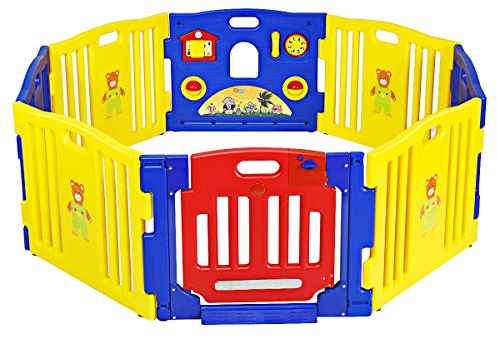 LIFEZEAL Baby Laufstall, Laufgitter mit Spielzeugboard & Tür, 8 Paneele Babyzaun, Krabbelgitter mit Sicherheitsschlösser, Spielzaun für drinnen & draußen, inkl. Abziehbild