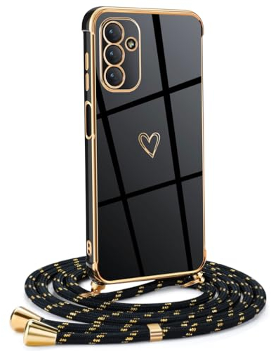 Mkej Coque pour Samsung Galaxy A13 5G/ A04S avec Cordon de Collier, Coque avec Cordon Motif Coeur d'amour TPU Housse, Collier RéglableTéléphone Portable Lanyard Case Samsung A13 5G/ A04S, Or Noir