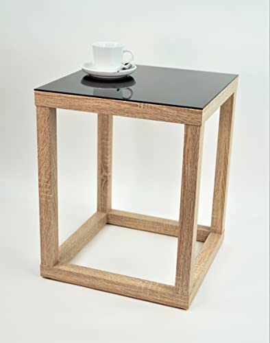 freeroom24, Beistelltisch, Wohnzimmertisch, Couchtisch, Coffee Table, Kaffeetisch, Blumenhocker, Blumensäule, Cube, Holzoptik Sonoma Eiche Nachbildung, Glas schwarz, 50 x 50 x 40cm, Made in Germany