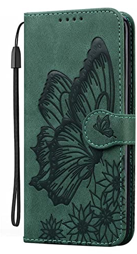 CLLDY Schmetterlings-Leder-Handyhülle für iPhone 14 8 7 6 Plus SE 2022 13 12 Mini 11 Pro Xs Max Xr SE2 Karte Brieftasche Taschen Flip Cover,Grün,für iPhone 14