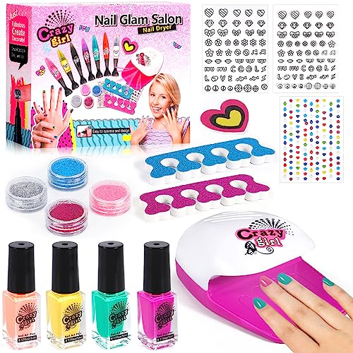 MOYKSRR Nagelstudio Kinder, Kinder Nagellack Set DIY Bastelset Spielzeug, Nageldesign Mädchen Geschenk Set, Kinder Nail Art Set für Mädchen im Alter von 6-12 Inklusive Nagellack, Trockner, Aufkleber