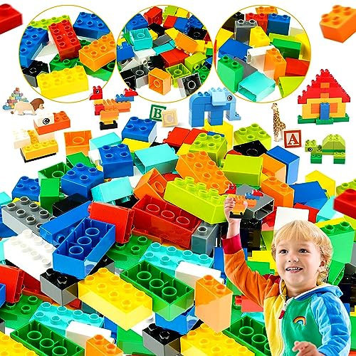 Etwa 58-61 Stück Basic Bausteine Box, zufällige Farbe, Gemischte Classic Bausteine, Kompatibel mit duplo Steinen, Bausteine Bricks, Geschenke für Jungen und Mädchen ab 4 Jahren(Farbe)