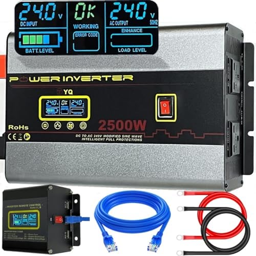 YQ 2500W/5000W(Peak) DC 24V to AC 240V Power Inverter Converter USB LCD Remote Control for Truck Lorry Coach Microwave