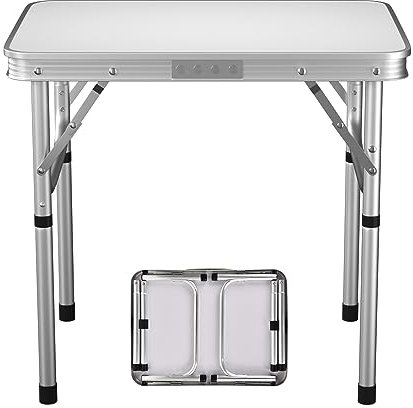 Bowose Klapptisch Aluminium-Gestell, 60cm x 45cm Leichter, tragbarer Campingtisch mit Tragegriff, verstellbare Höhe 26/56cm, Reisetisch für Camping, Picknick, Garten, Indoor, Heim (Weiß)